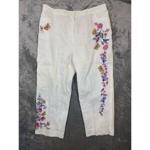 S.L.B. Womens Linen Embroidered Crop Size 16 Pants White Floral Butterflies